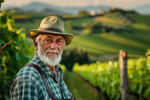 ひげと帽子をかぶった男がブドウ畑に立っている