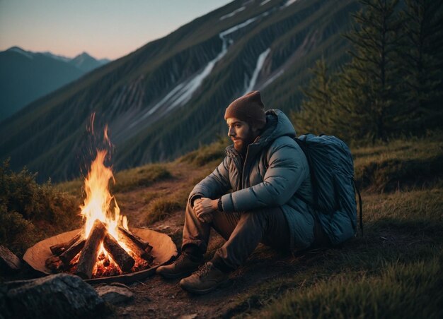 Foto uomo con la barba e il cappello che si riposa davanti a un fuoco di campo