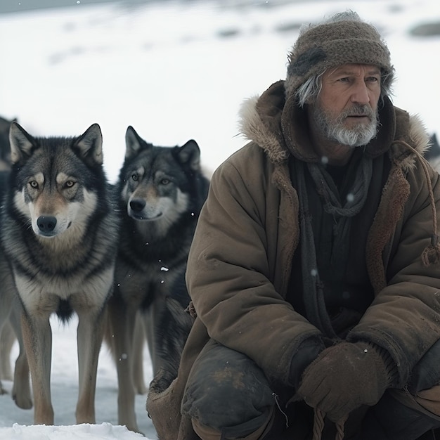 A man with a beard and a hat sits in the snow with three wolves behind him.