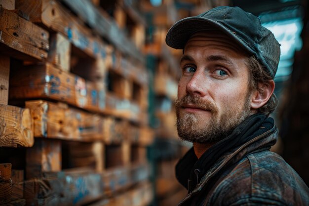 Photo man with beard and hat standing by boxes