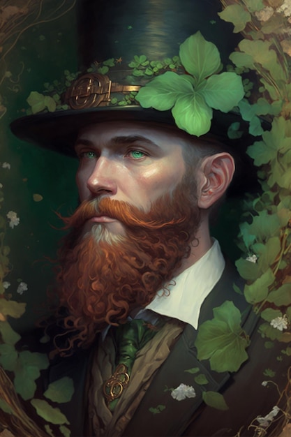 A man with a beard and a hat with a clover on his head