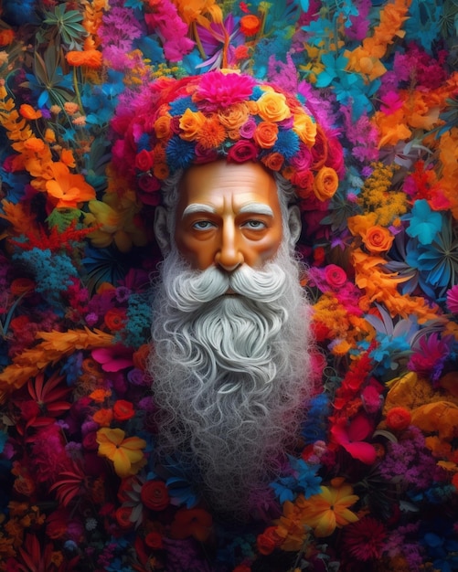 A man with a beard and a hat with a flower pattern on it