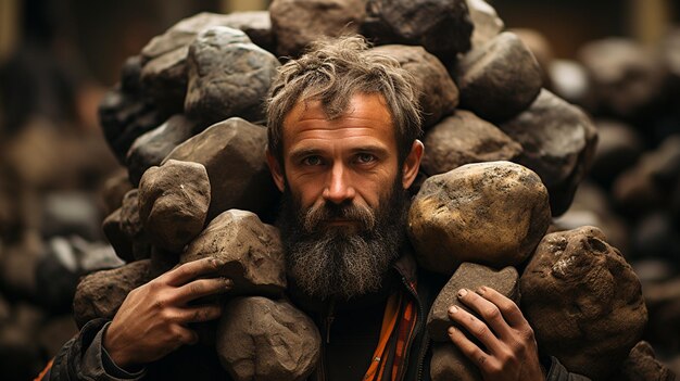 Photo man with beard in a hat with a pile of stones