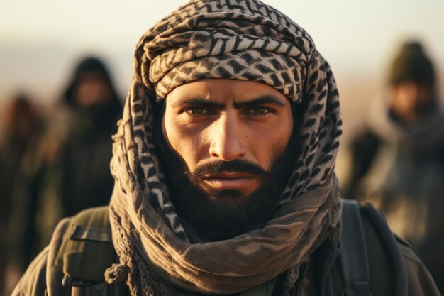 a man with a beard and head scarf in the desert