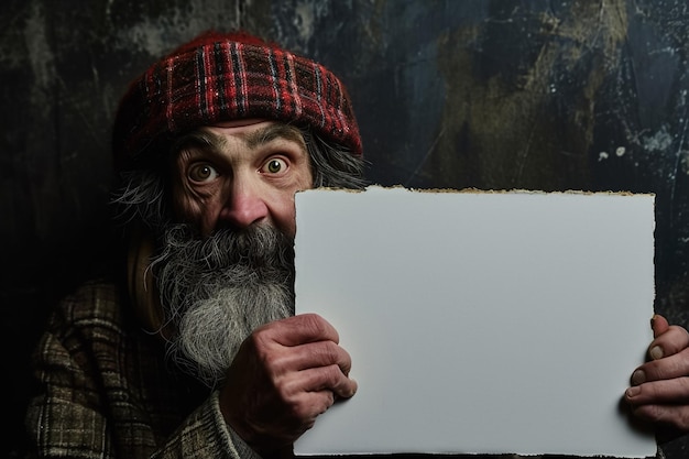 A man with a beard holding a blank piece of paper