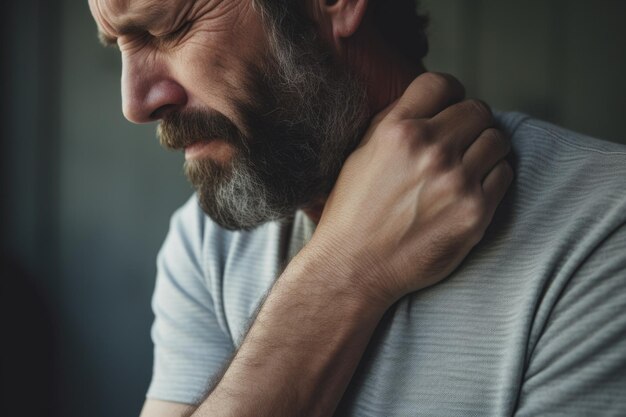 Foto un uomo con la barba che si tiene il collo adatto per l'assistenza sanitaria medica e i concetti legati al dolore