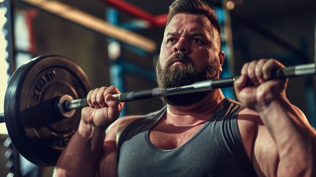 a man with a beard holds a barbell with his arms