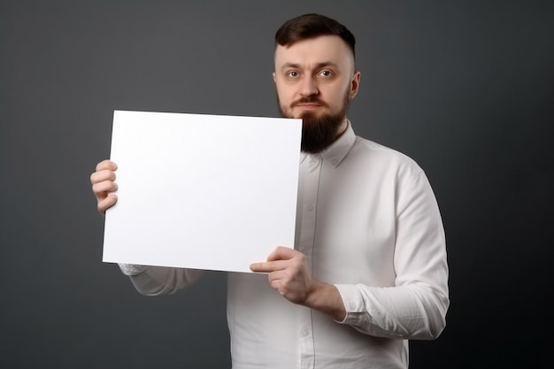 A man with a beard holds a blank white paper in his hands