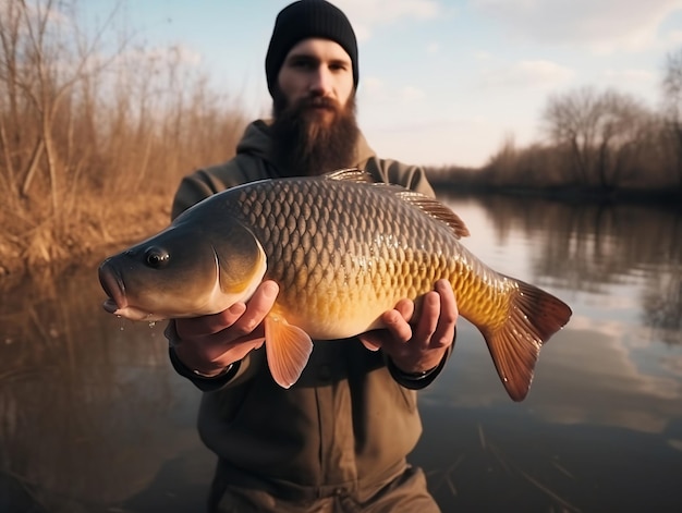 A man with a beard holds a fish that is about to be caught in a river.