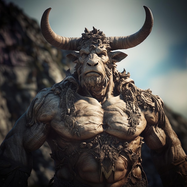 Photo a man with a beard and horns stands in front of a mountain