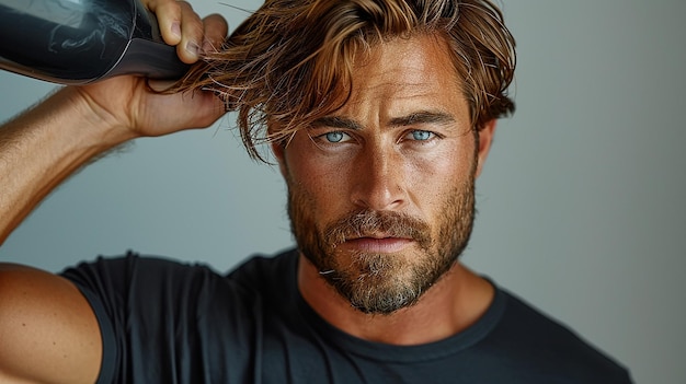 Photo a man with a beard is cutting his hair with his right hand