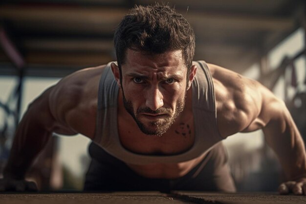 Photo a man with a beard is doing push ups on the ground.