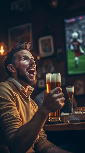 a man with a beard is drinking a beer in a bar with a football on the wall behind him.