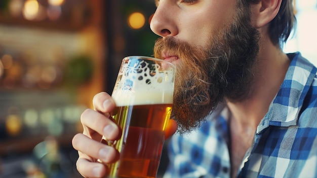 Мужчина с бородой пьет стакан пива, он держит стакан правой рукой и смотрит на него.
