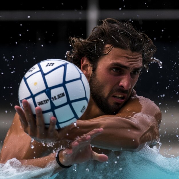 A man with a beard is holding a ball in the water.