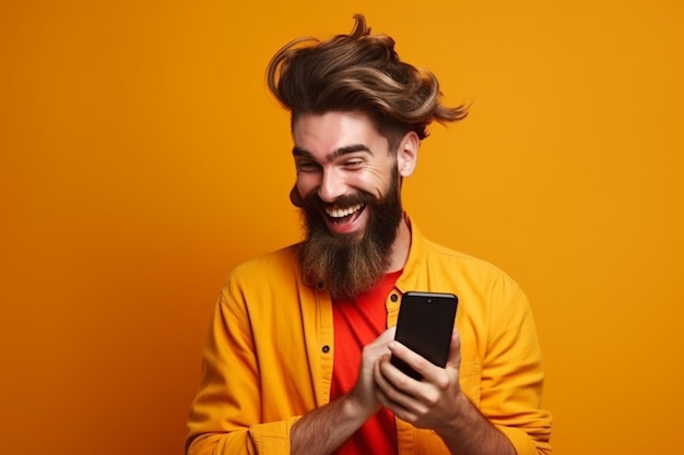 A man with a beard is holding a phone in his hands