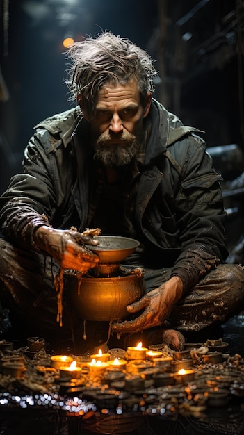 Photo a man with a beard is kneeling down with a pot in his hands