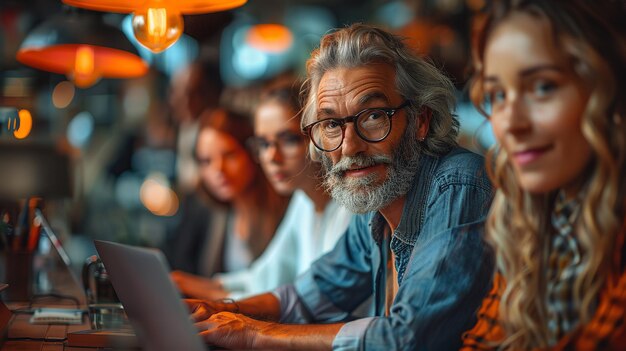 Foto un uomo con la barba sta guardando uno schermo di un laptop