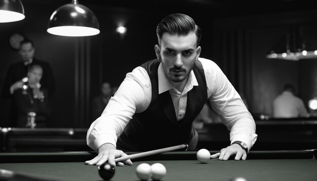 a man with a beard is playing pool with a cue cue cue