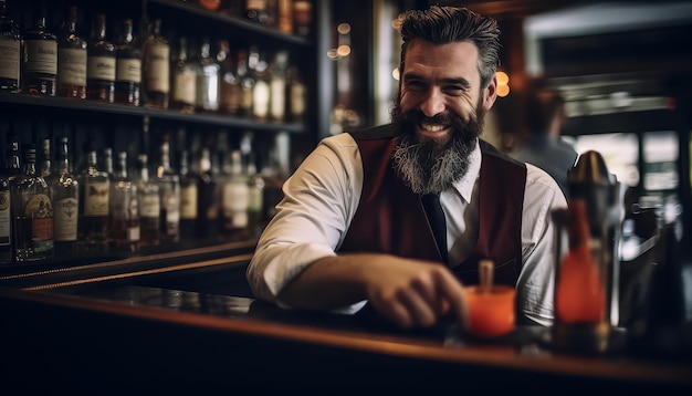 A man with a beard is sitting at a bar with a drink in front of him