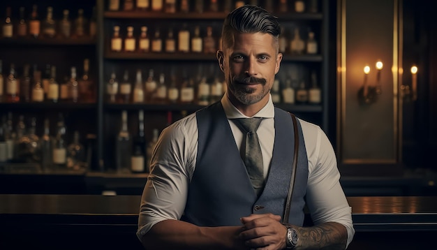 A man with a beard is sitting at a bar with a drink in front of him