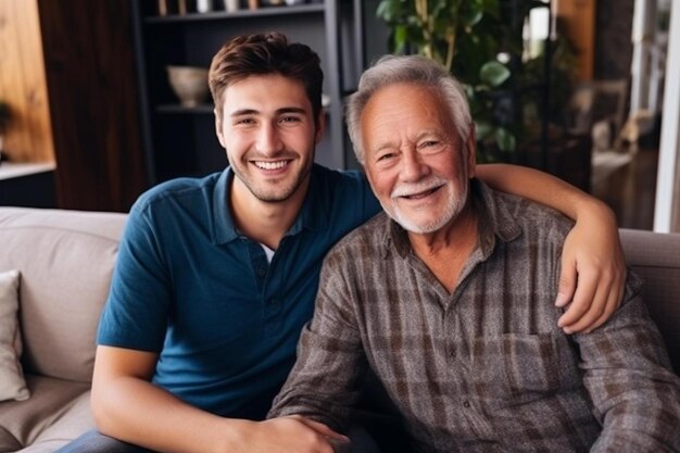 Photo a man with a beard is sitting on a couch with an older man