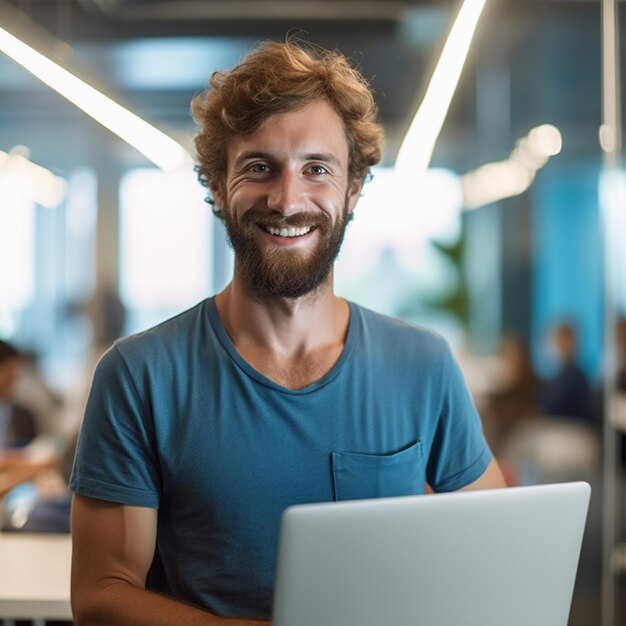 A man with a beard is smiling while using a laptop.