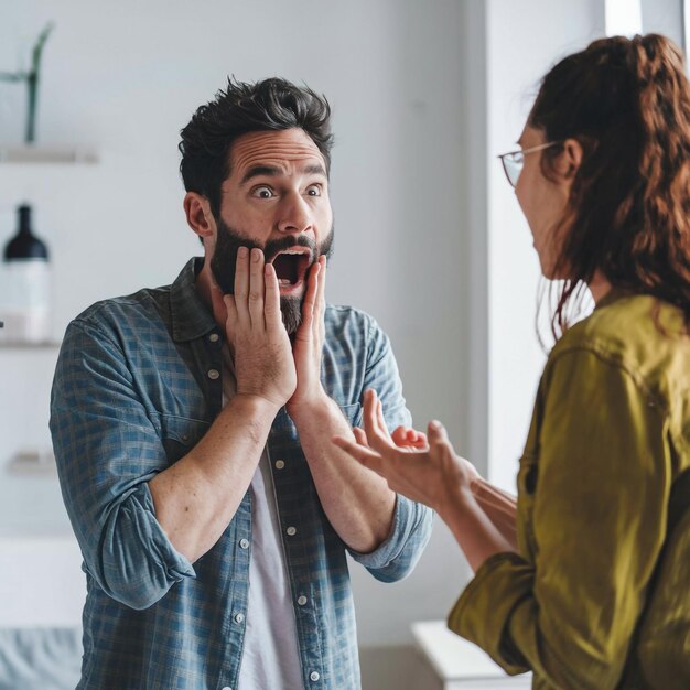 a man with a beard is talking to a woman