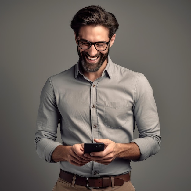 A man with a beard is texting on his phone.