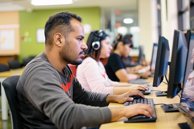 Foto un uomo con la barba sta lavorando su un computer con altre persone