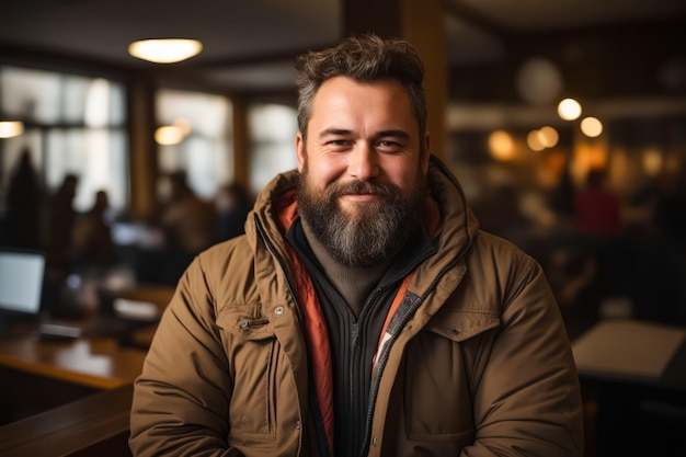 Man with beard and jacket on sitting in restaurant Generative AI