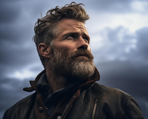 a man with a beard and leather jacket looks up at the sky