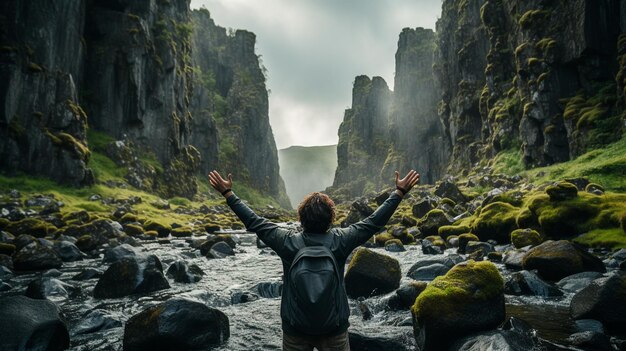 man with a beard and long beard posing on the rocks in the river