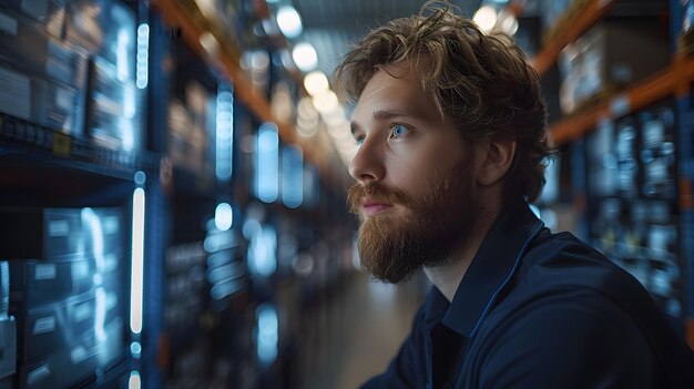 Photo a man with a beard looking at a computer screen concept of focus and concentration as the man stares at the screen