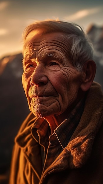 A man with a beard looks at the sunset