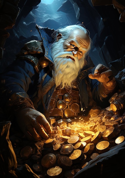 a man with a beard and a lot of gold coins