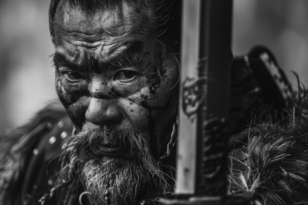 Foto un uomo con la barba e il trucco che tiene una spada