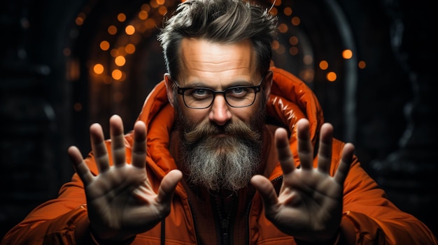 A man with a beard making a gesture with his hands