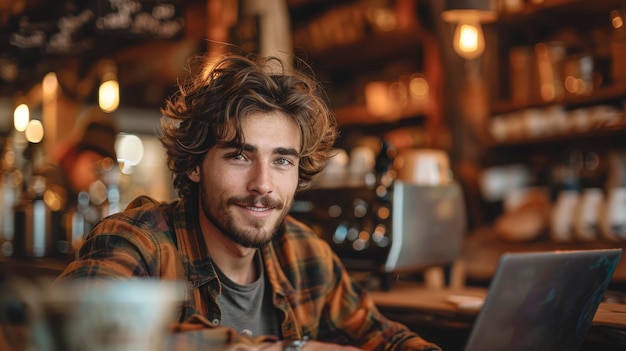 Photo a man with a beard and moustache in a city cafe works on his laptop