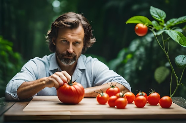 Photo a man with a beard and mustache looks at tomatoes.