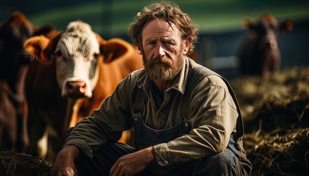 a man with a beard and mustache sits next to a cow