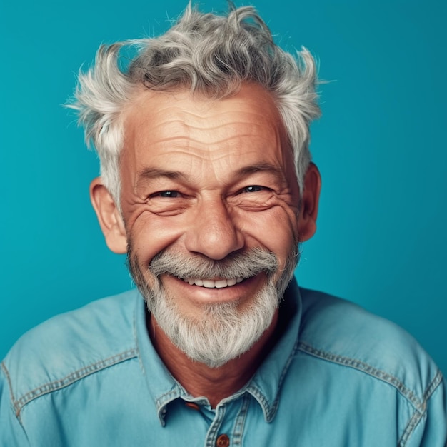 A man with a beard and mustache smiles in front of a blue background.