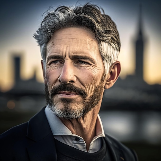 A man with a beard and mustache stands in front of a cityscape.