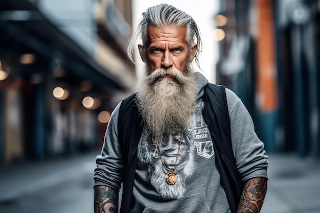 A man with a beard and mustache stands in the street.