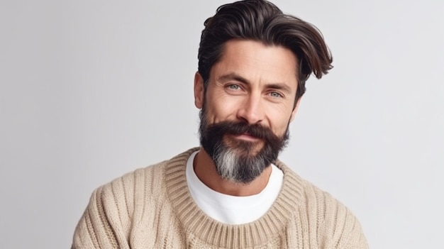 A man with a beard and mustache wearing a sweater.