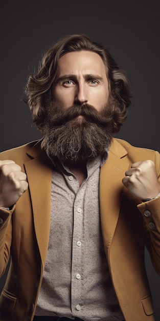 A man with a beard and mustache wearing a tan jacket