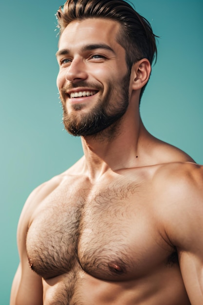 Foto un uomo con la barba e senza camicia che sorride alla telecamera con uno sfondo blu dietro di lui e un blu