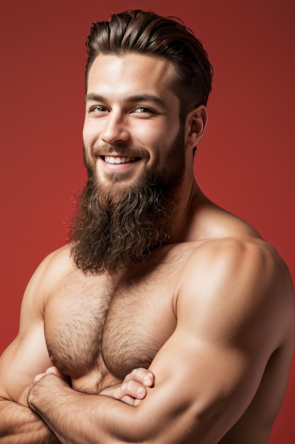 Photo a man with a beard and no shirt smiling for the camera with his arms crossed and his chest crossed