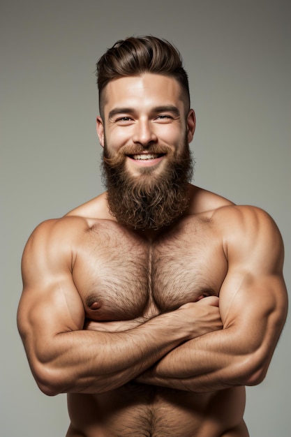 a man with a beard and no shirt smiling for the camera with his arms crossed and his chest crossed