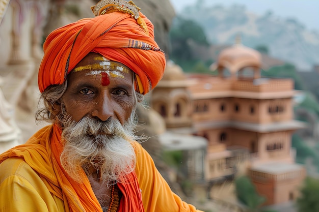 A man with a beard and orange turban stands in front of a mountain village with a castle a